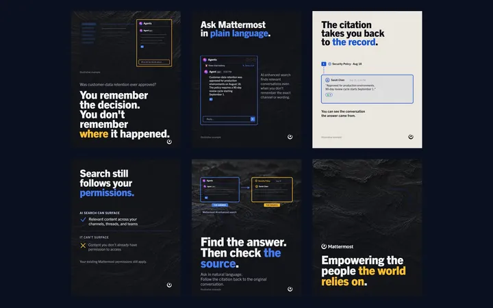 Six carousel slides about AI search laid out in two rows