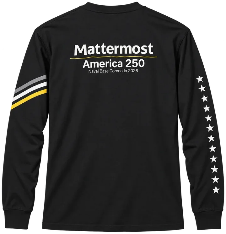 The same shirt from the back, reading Mattermost, America 250, Naval Base Coronado 2026