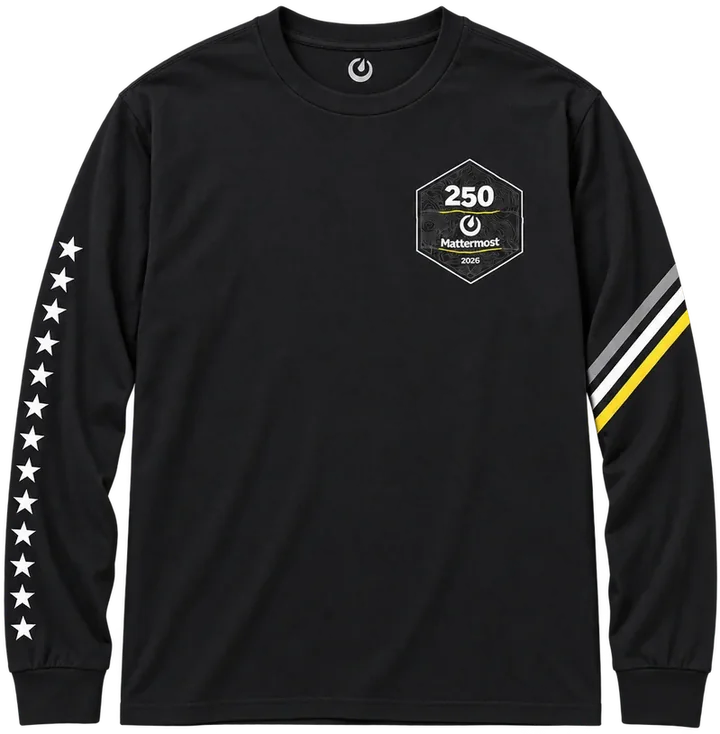 Black long-sleeve shirt, front, with a hexagon 250 Mattermost 2026 patch, stars down one sleeve and stripes on the other