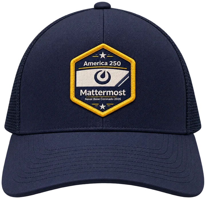 Navy trucker hat with a gold-bordered America 250 Mattermost patch