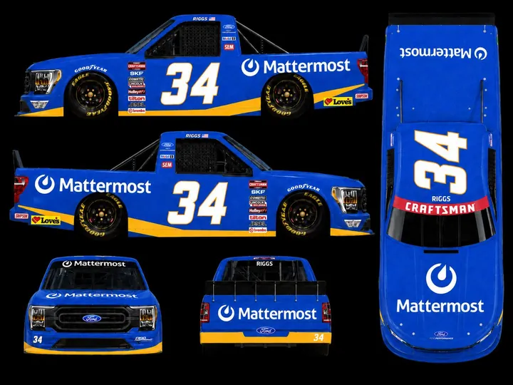 Small concept mockup of a blue truck with a yellow lower stripe and Mattermost branding