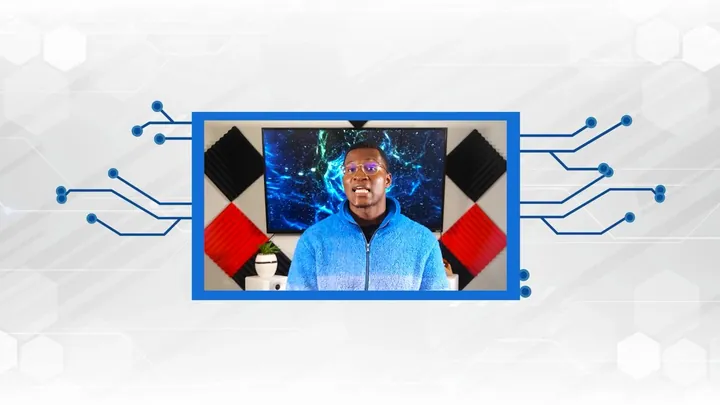 Poster frame for the GPT-4o video: the host framed inside an animated circuit-board graphic