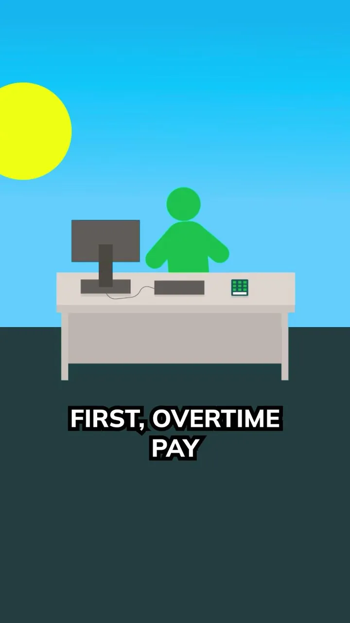 Poster frame for a payroll short: an animated figure at a desk under a bright sun